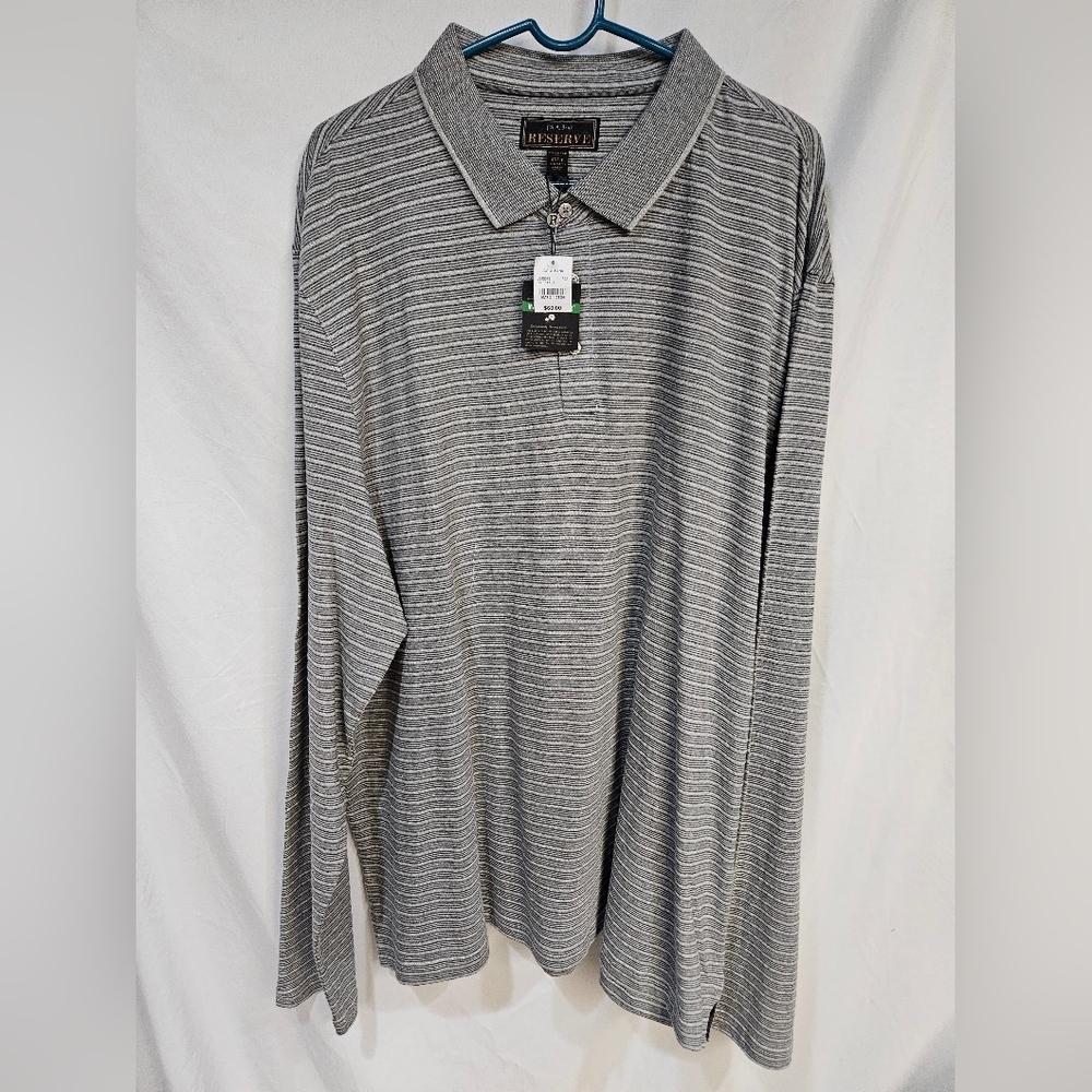 Jos A Bank Reserve Tailored Fit 4XLT Gray Cotton Pattern LS Polo Shirt. NWT